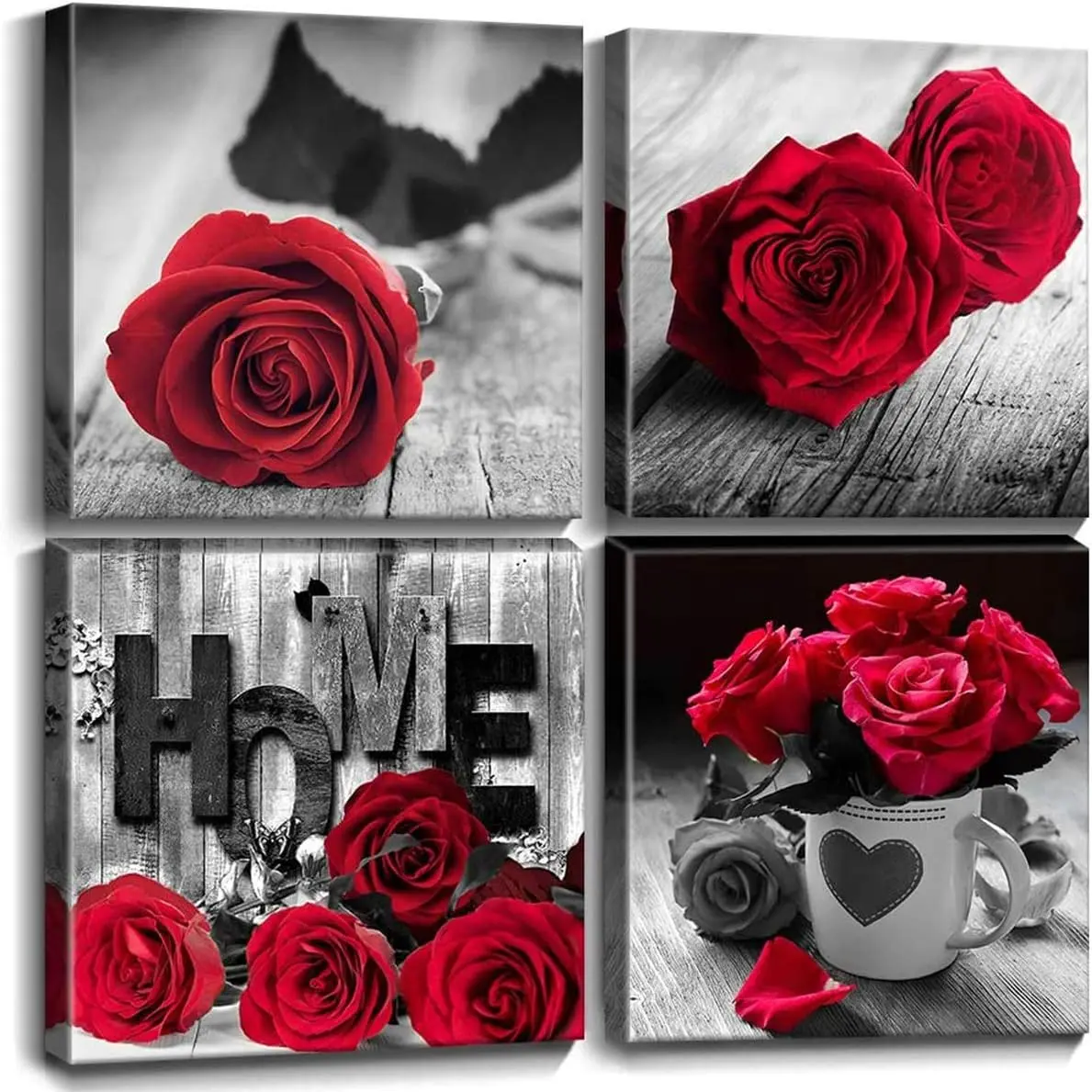 Decoración de pared roja, pinturas de flores románticas, cuadros de cocina, póster Floral en blanco y negro, lavandería, hogar