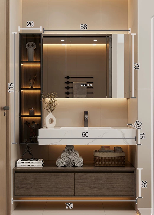 Comptoir intégré en pierre de 80 cm avec évier en céramique + meuble intelligent