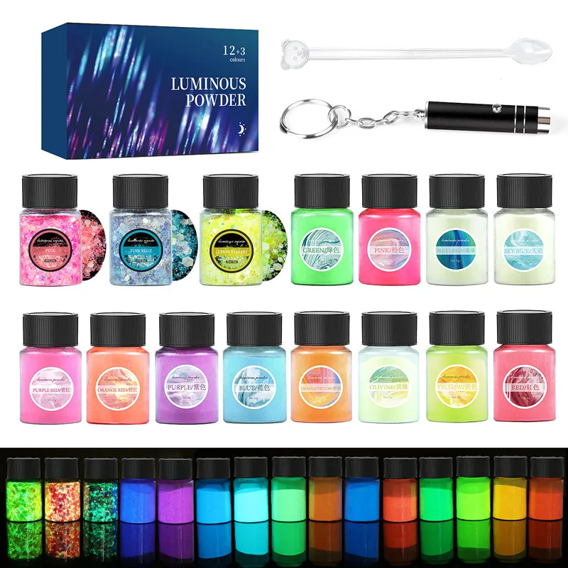 Pigmento de neón luminoso de 20g, polvo fluorescente que brilla en la oscuridad, kits de 15 colores para uñas artesanales DIY y resina epoxi