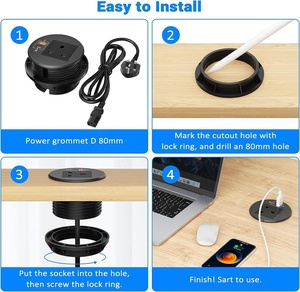 80mm <strong>UK</strong> Plug Recessed <strong>Mounted</strong> Smart Round Grommet Socket for Office Furniture with 1AC Power Outlet 20W USBA+USB-C Port - Product Image 4