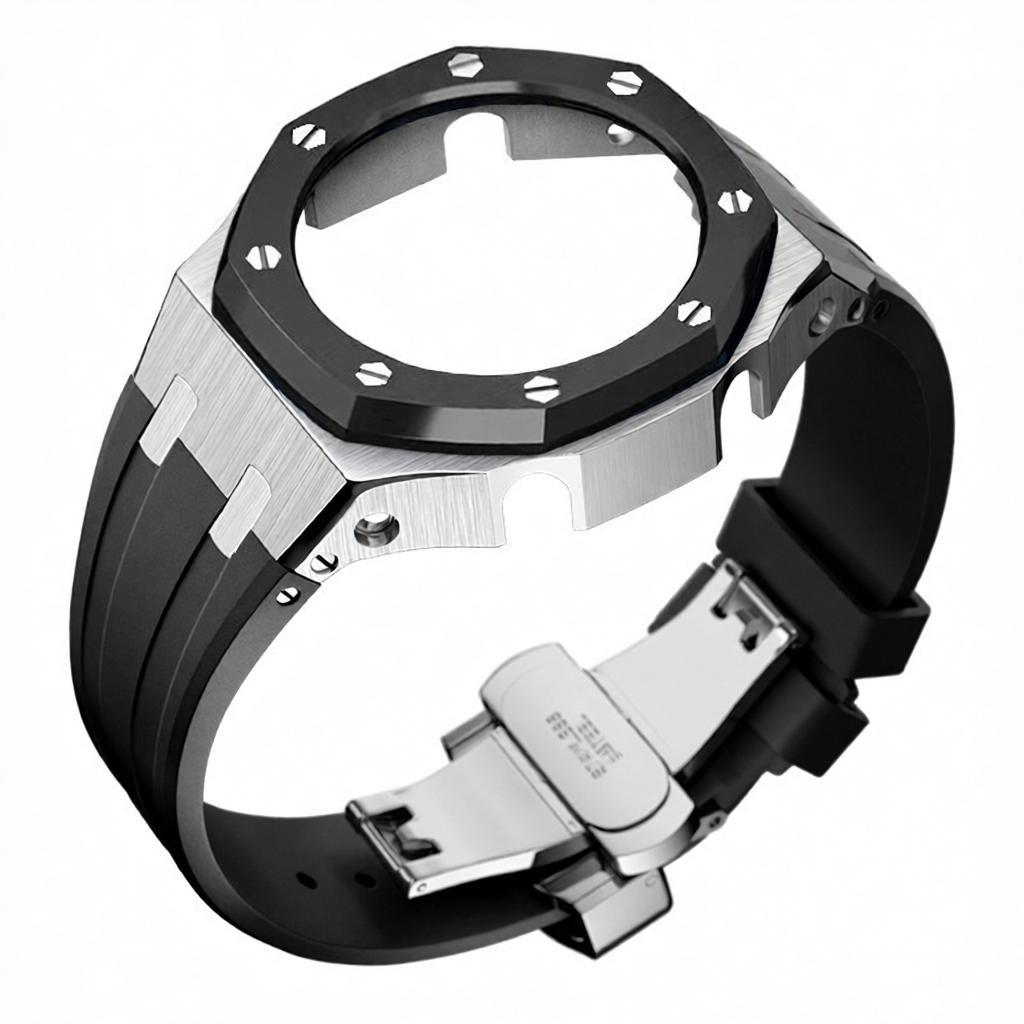 Boîtier argenté à lunette noire, bracelet noir