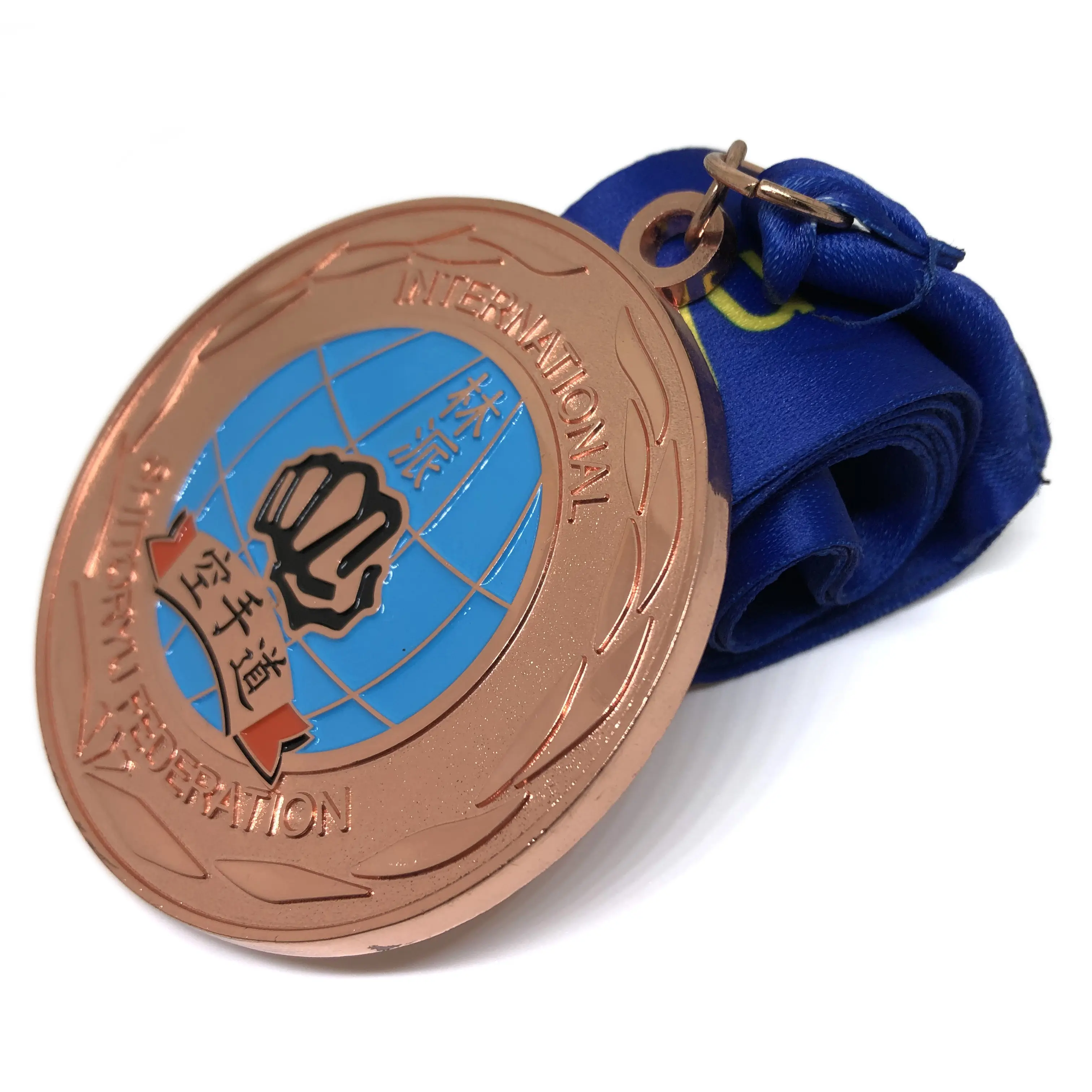 Medalla de Metal rosa dorada personalizada, Taekwondo Internacional, kárate, puño de carrera, cadena con cinta