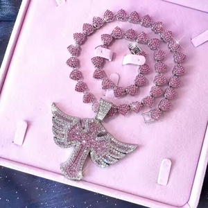 Iced Out Summer Bling Wings Pretty Hip Hop Pendant Necklace for Men Big <strong>Cross</strong> Necklace with Miami 15mm Rhomboid Chain Cuban Link