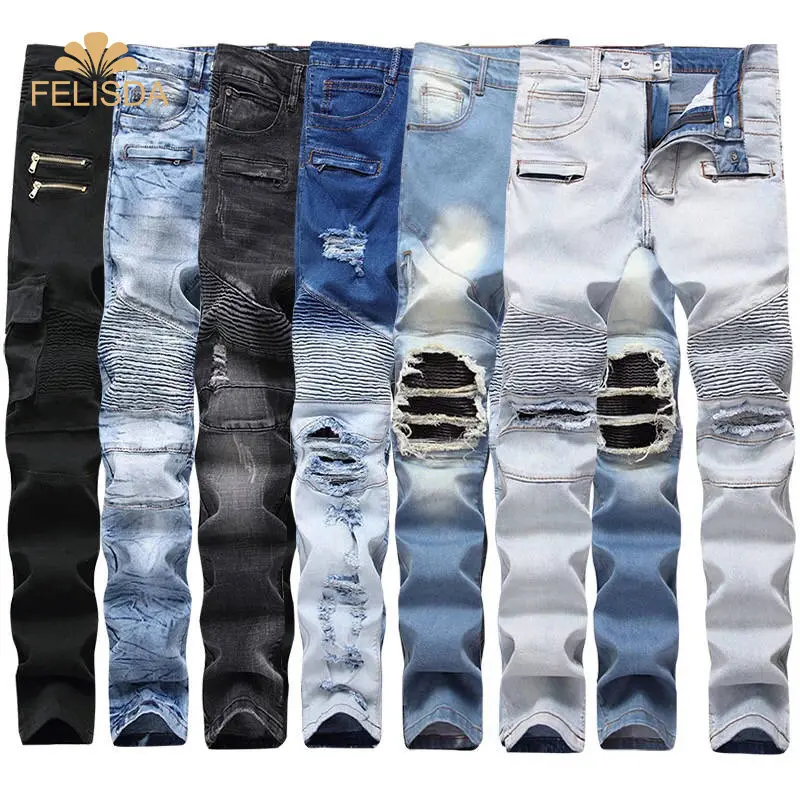 Pantalones vaqueros elásticos de alta calidad para hombre, Jeans ajustados desgastados con agujeros para Hip Hop, rasgados, blancos y negros