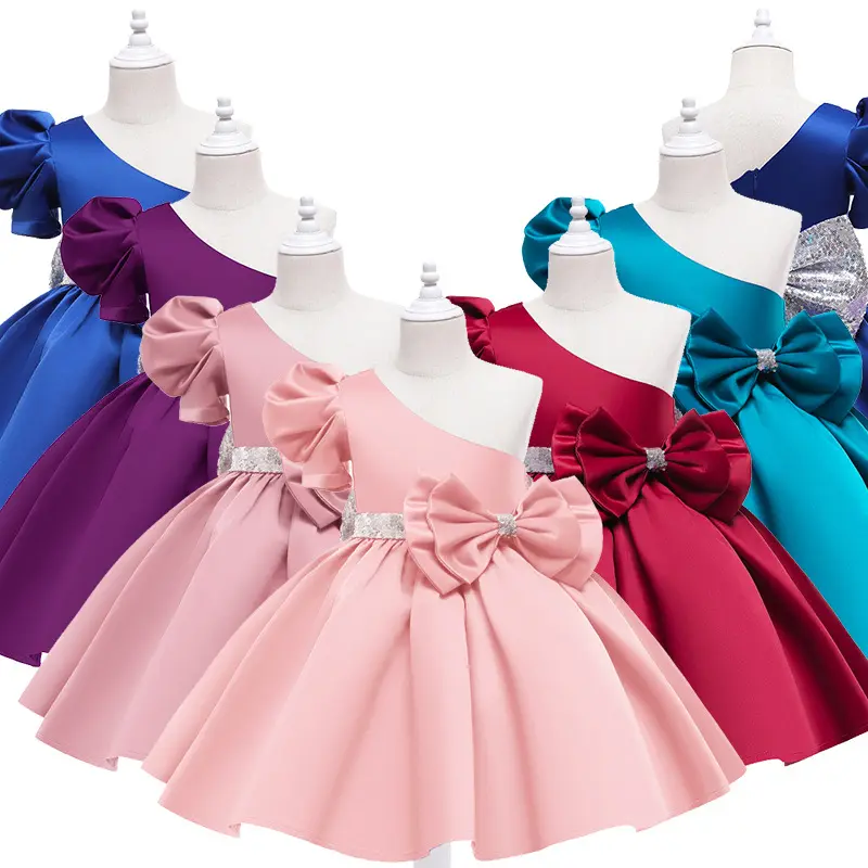 Elegantes One Shoulder Kids Ballkleid Flower Girls Kleid mit großer Schleife Taille