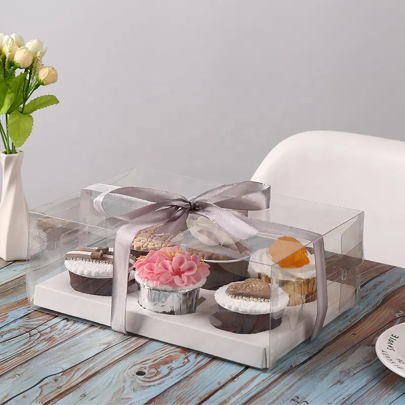 중국 제조 업체 투명 컵케익 상자 삽입 빵집 상자 4 컵 케이크 또는 머핀