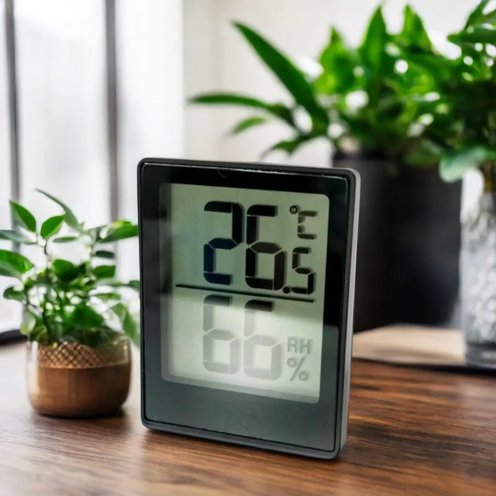 Mini higrómetro digital y termómetro con soporte de mesa Agujero colgante para uso en la cocina de la oficina en el hogar