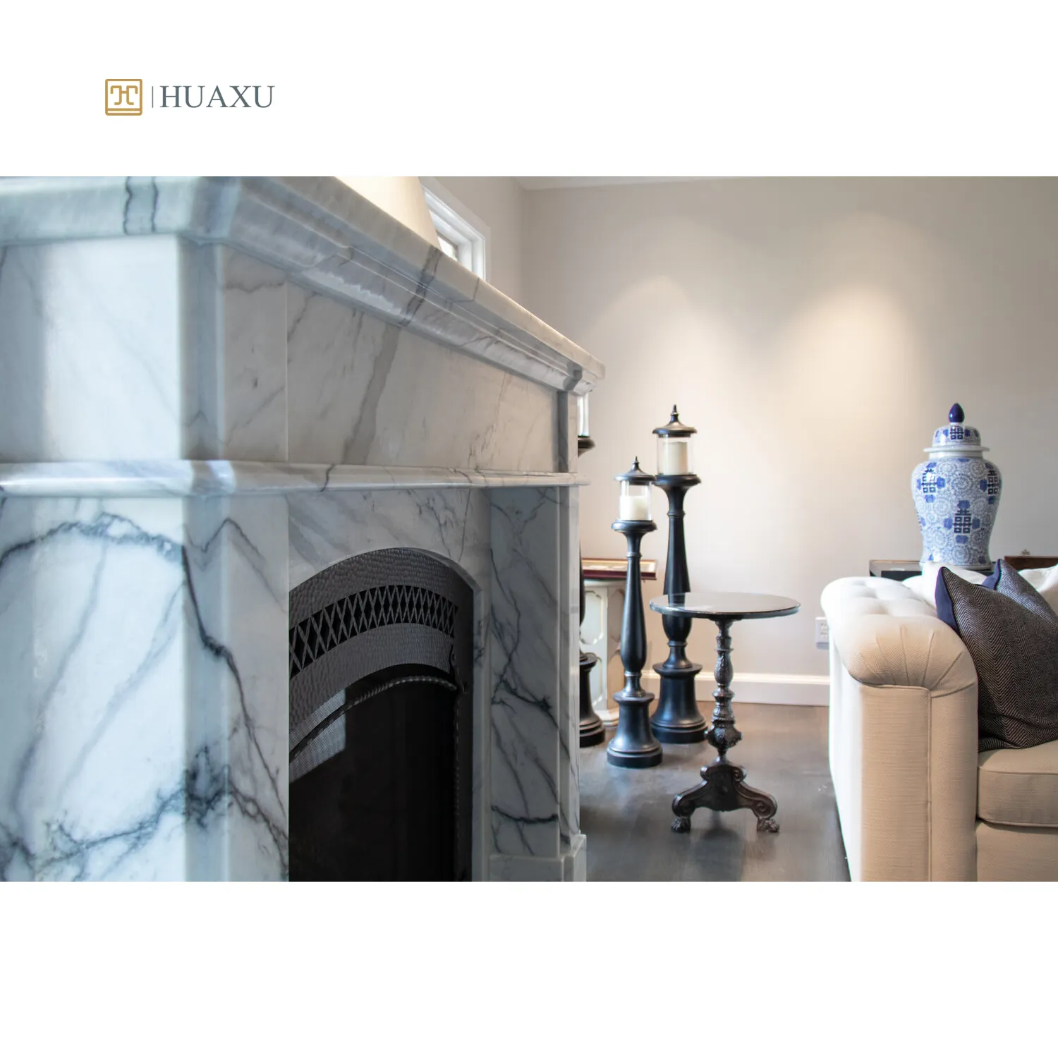 Huaxu tamaño personalizado vena mármol gris piedra decoración del hogar Carrara blanco astilla niebla mármol chimenea