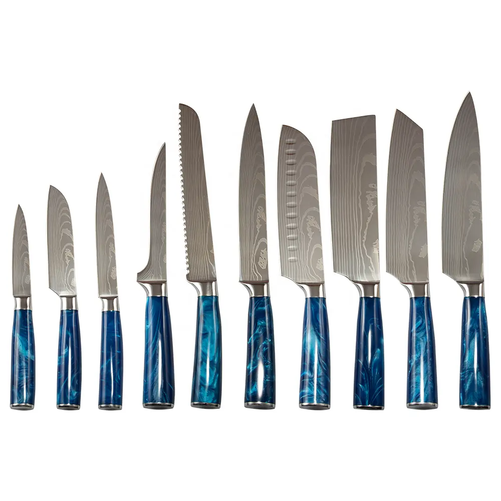Grosir Pabrik besi tahan karat 10 buah Set pisau dapur Set pisau koki gagang Resin biru kualitas tinggi
