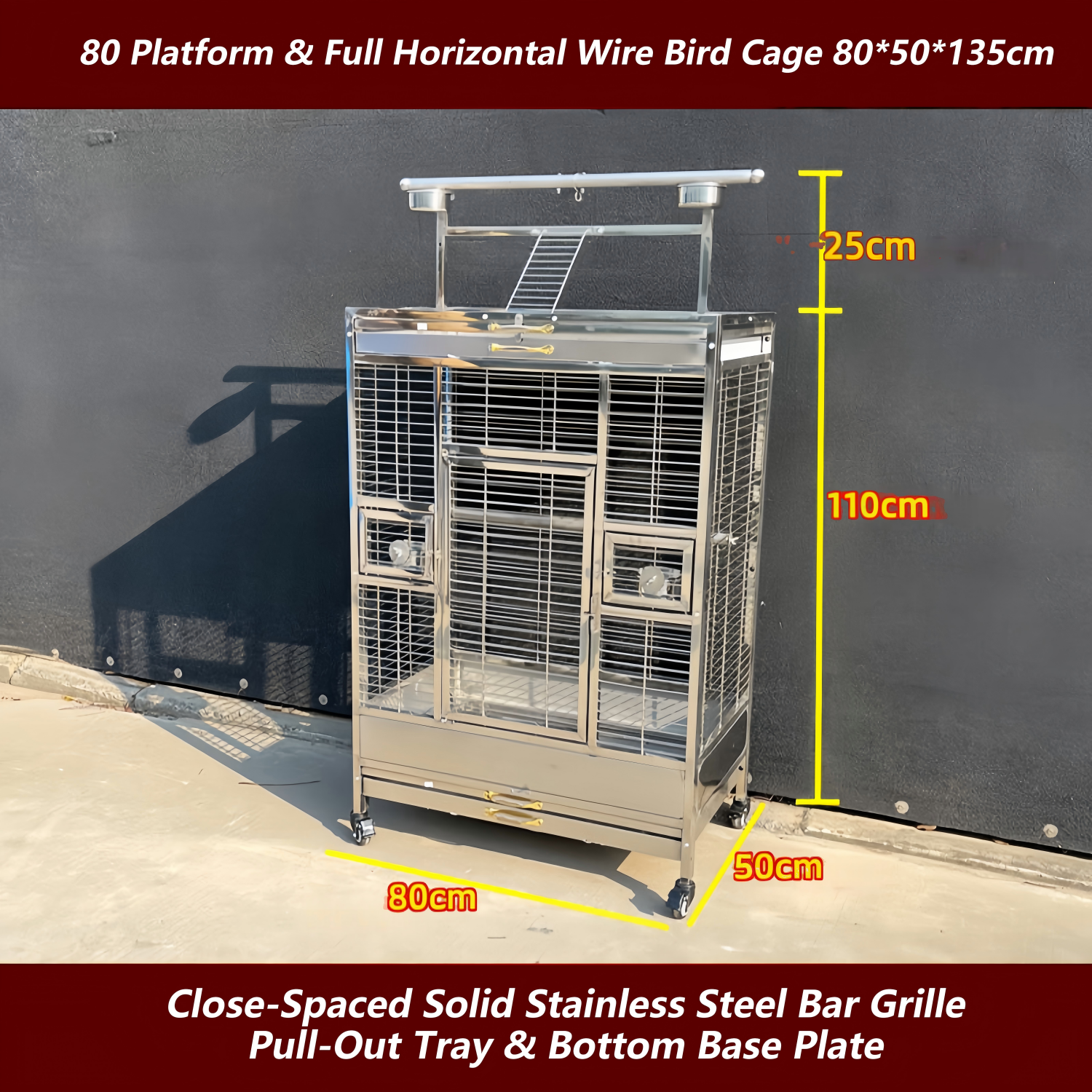 Plateforme Argent 80 & Cage à Oiseaux Entièrement Horizontale avec Grillage 80*50*135cm