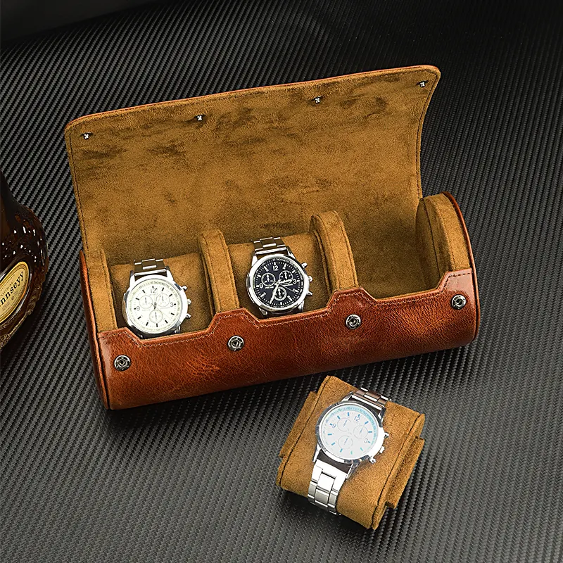 Custom Luxe Echt Lederen Horloge Roll Reiskoffer 3 Slots Draagbare Opbergdoos Organizer Schokbestendig Feature Horloge Verpakking