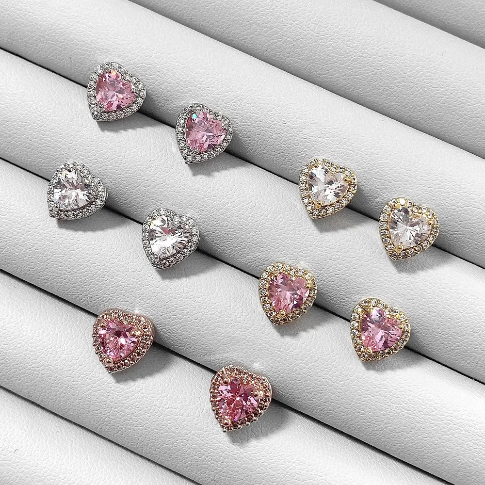 2024 Women Iced Out Earrings Elegant Fashion Jewelry Rhodium Plated Pink Zircon Heart Earrings For Women