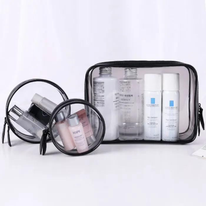 Conjunto de bolsa de cosméticos de plástico, conjunto de bolsas de higiene pessoal personalizado impermeável com zíper, saco de pvc de eva para maquiagem redondo