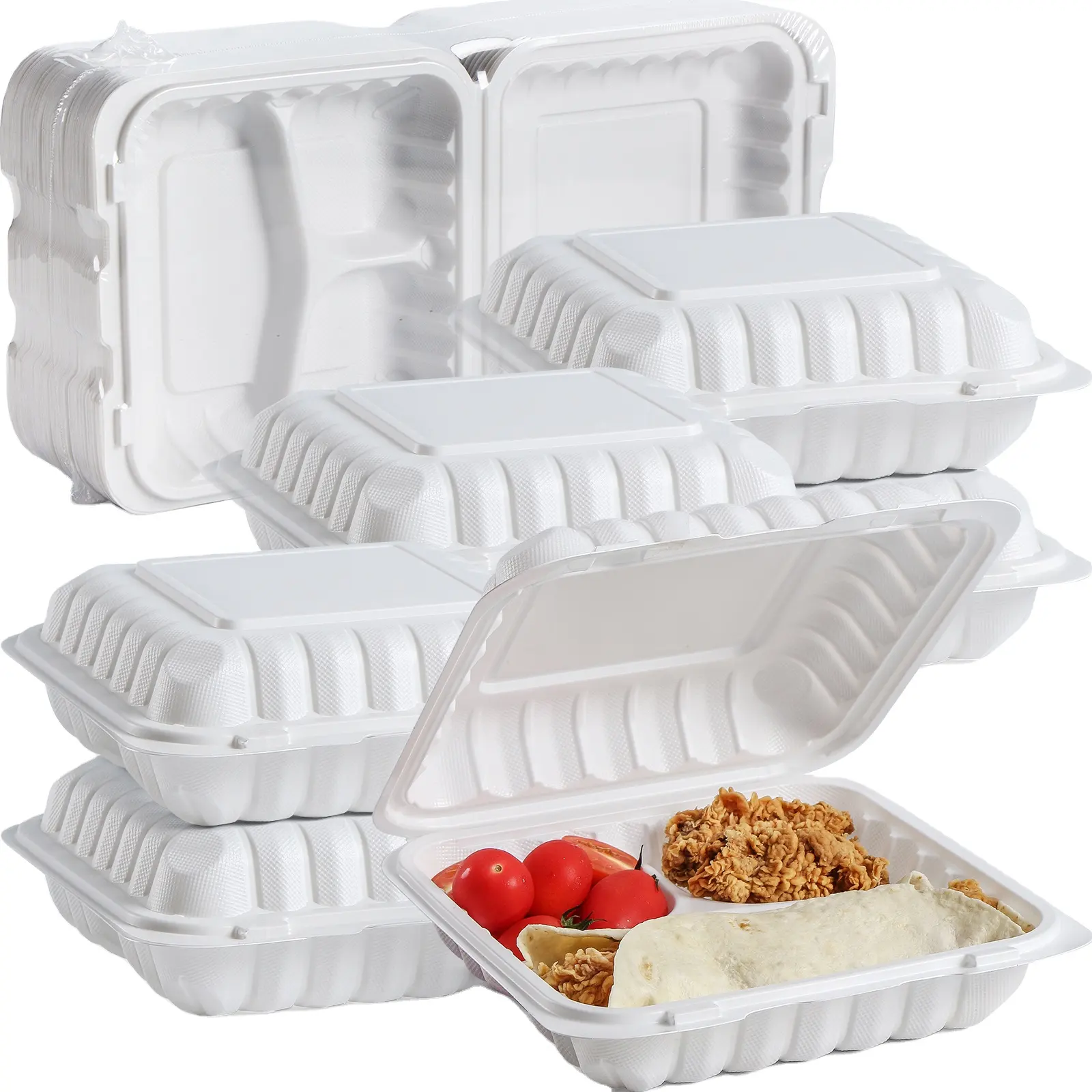 Disposable Compostable Restaurant Togo Container Plastic Plates Salad 3 Compartment Food Boxes Eco To Go Containers With Lids