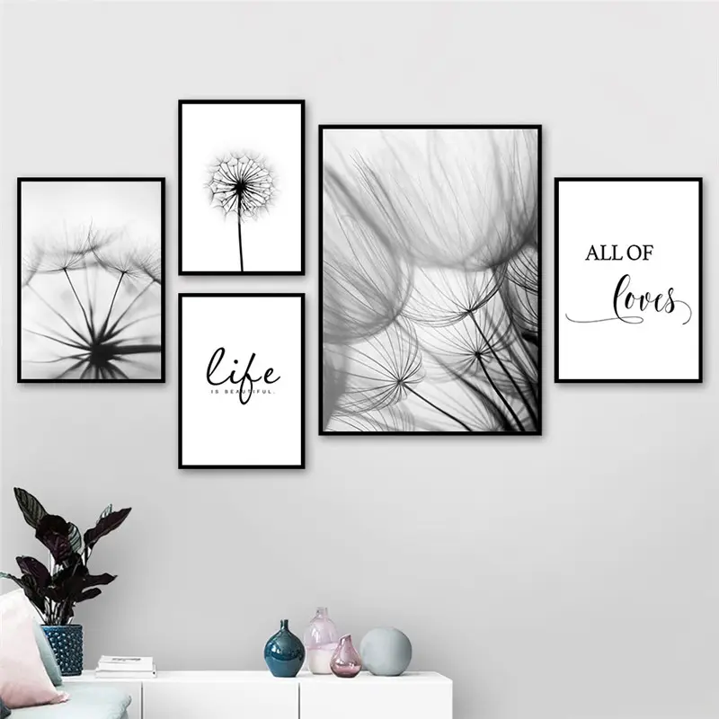 Nordic Dandelion Art Canvas Painting poster e stampe Black White Loves Life Quotes immagini a parete per la decorazione del soggiorno