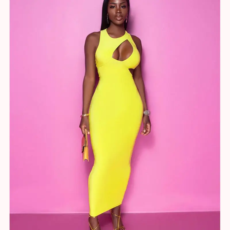 202449A Sexy Women Yellow Backless Long Dresses