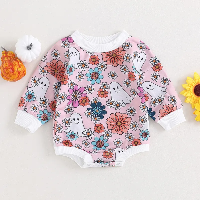 Autumn Halloween Flower Ghost Cute Print Round Neck Snap Button Breathable Baby Rompers Winter Autumn Baby Rompers