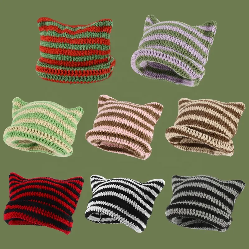 2023 New fashion Trendy Little Devil cappello lavorato a maglia a righe Logo personalizzato Cute Cats Ear crochet hats Pullover a punta cappelli da donna