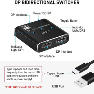 Conmutador DP de 2 puertos con control remoto 8K Displayport Interruptor bidireccional DP1.4 Interruptor para computadora Monitor Proyector TV