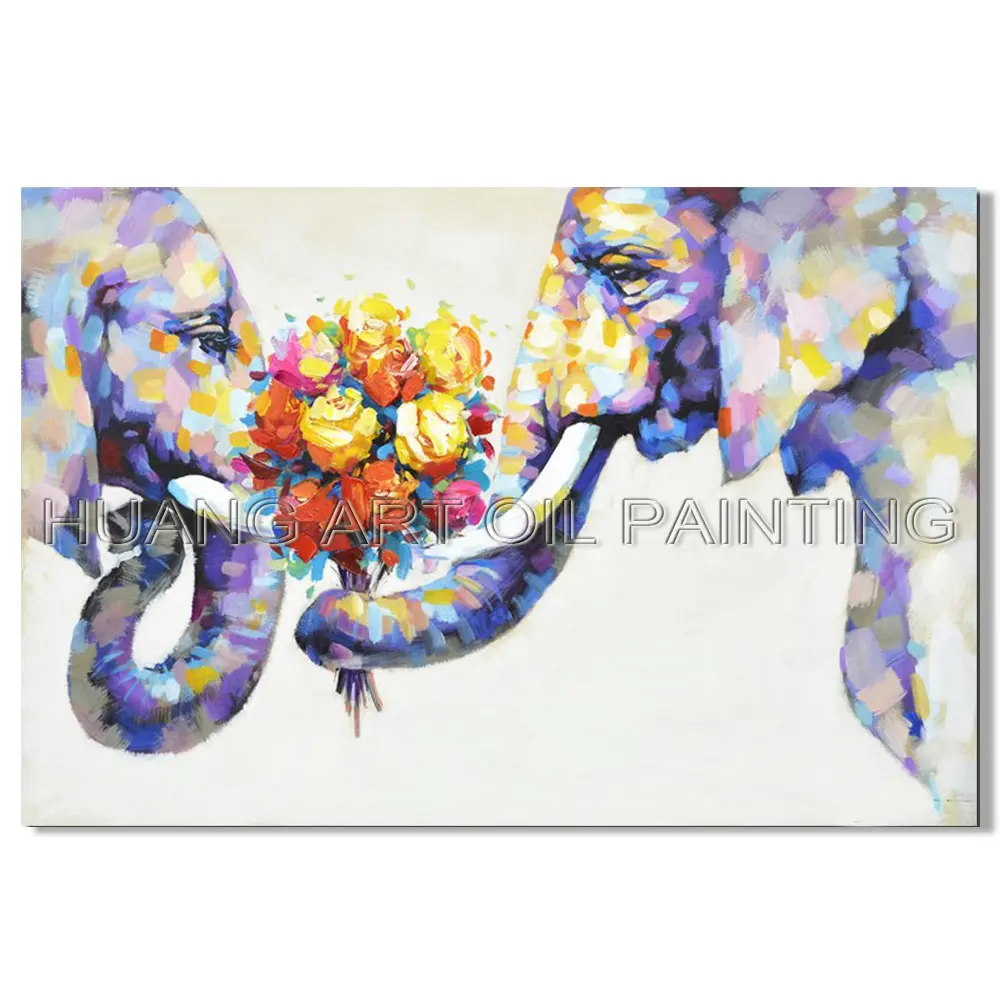 Pure Hand Painted Romance Elephants Textured Oil Painting on Canvas Knife Modern Love Animal Acrylic Painting for Room Decor