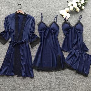 批发女士时尚真丝睡衣套装性感缎子4件套女式睡衣套装
