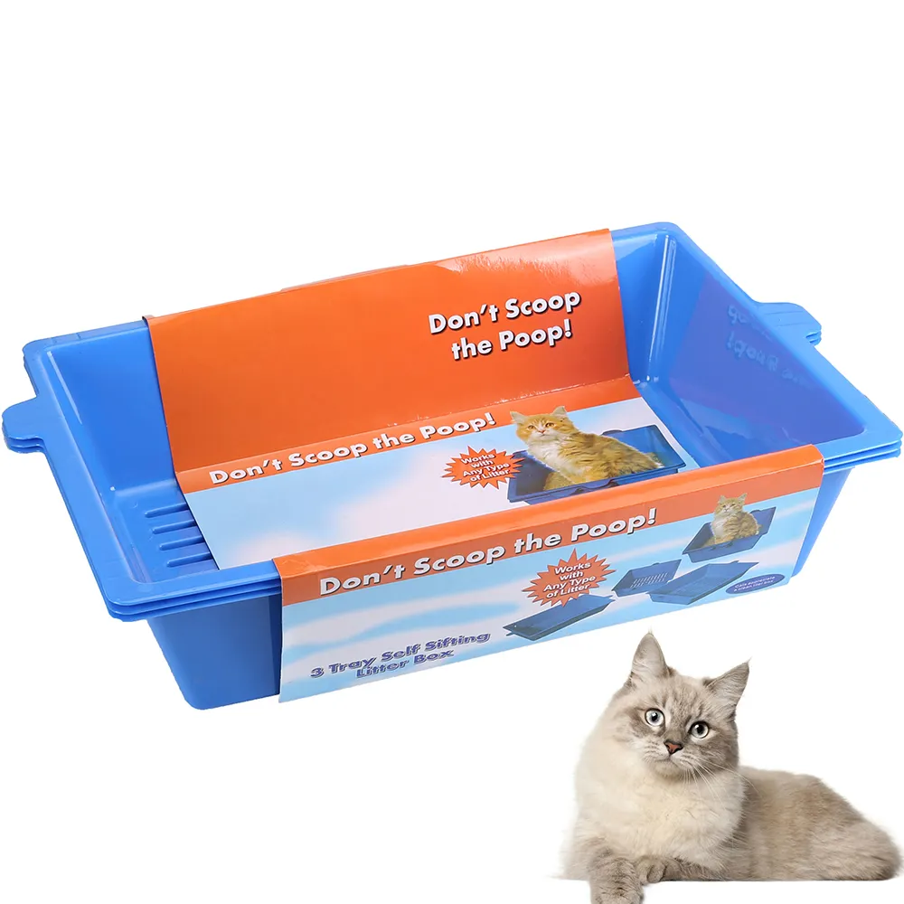 Mavi toptan plastik Pet eğitim 3 tepsili eleme yok Scoop Poop dayanıklı kolay temiz büyük kedi tuvalet kum kabı