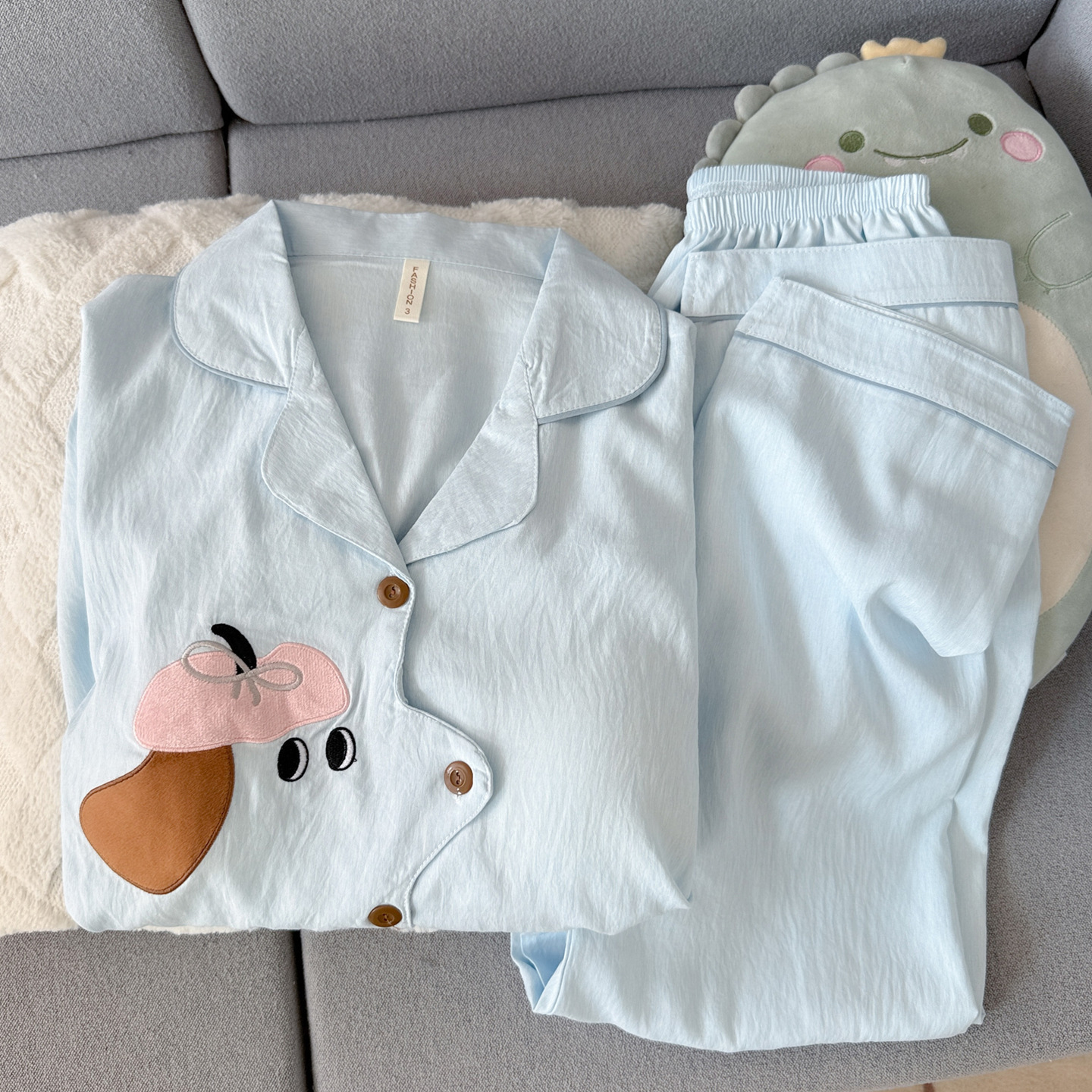 LightBlueDogEmbroideryPajamaSet