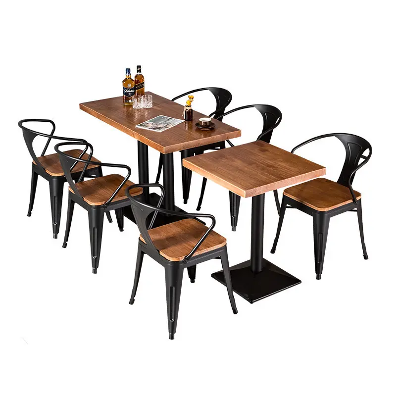 Modern oturma odası restoran Cafe Shop mobilya masa ahşap üst Metal çerçeve ahşap yemek masası sandalye seti