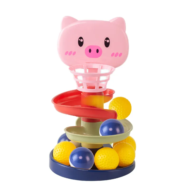 QS kunden spezifische pädagogische DIY Cartoon Baby Tier Schwein Montage Rolling Slide Track Ball Drop Roll Tower Spiel Spielzeug für Kleinkinder