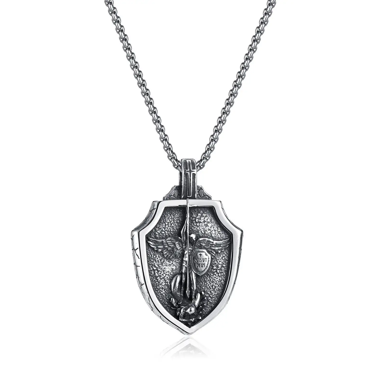 Collier pour hommes femmes personnalisé en acier inoxydable ange volant St Michel chapelet pendentifs l'archange nous protège