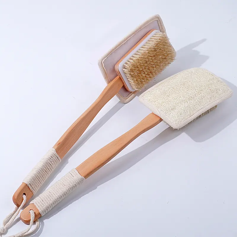 Cepillo de cerdas de jabalí natural nuevo cepillo de espalda de baño de lufa suave y dura con mango largo de madera cepillo de masaje corporal