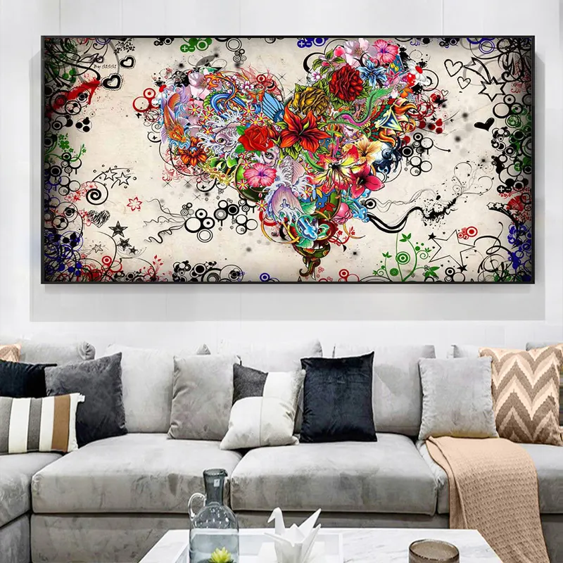 Pittura a olio astratta su tela fiori colorati cuore Poster e stampa Wall Art immagine decorativa per soggiorno decorazioni per la casa