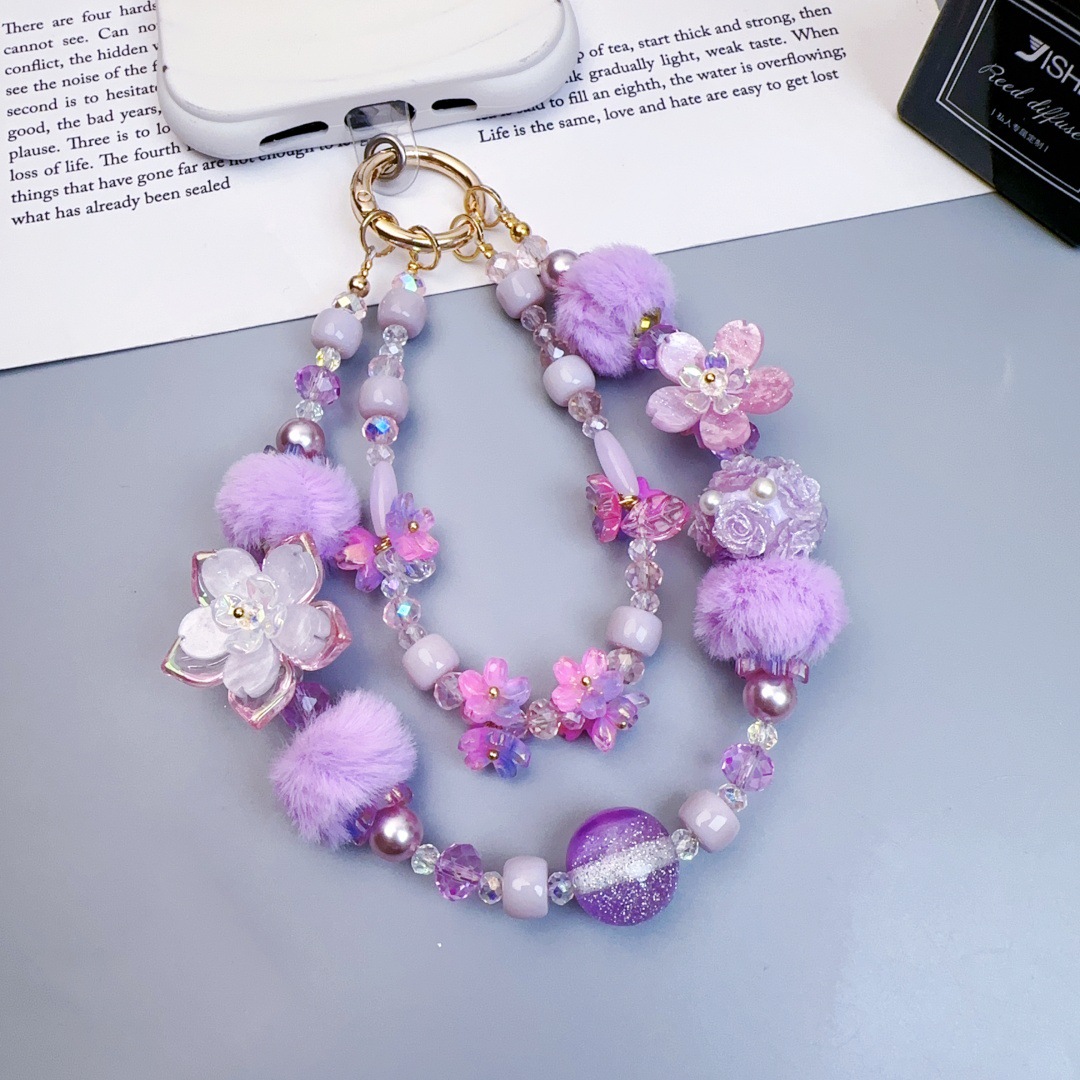 Chaîne courte pour téléphone avec boule de fleur lumineuse rose violet