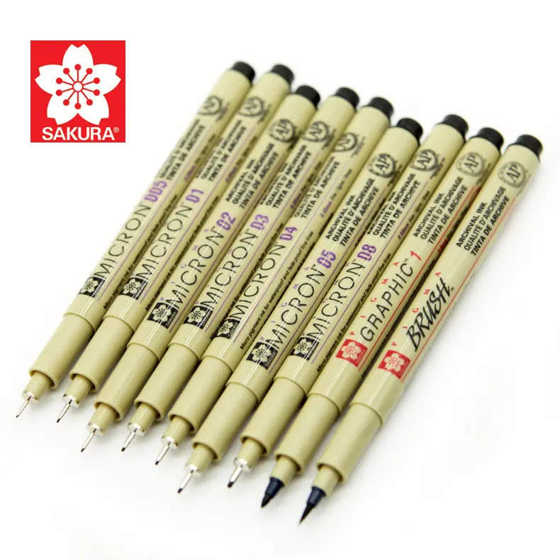 Gran oferta de rotuladores de aguja de dibujo profesional Sakura, color negro, 10 tipos diferentes de rotuladores de punta para bocetos