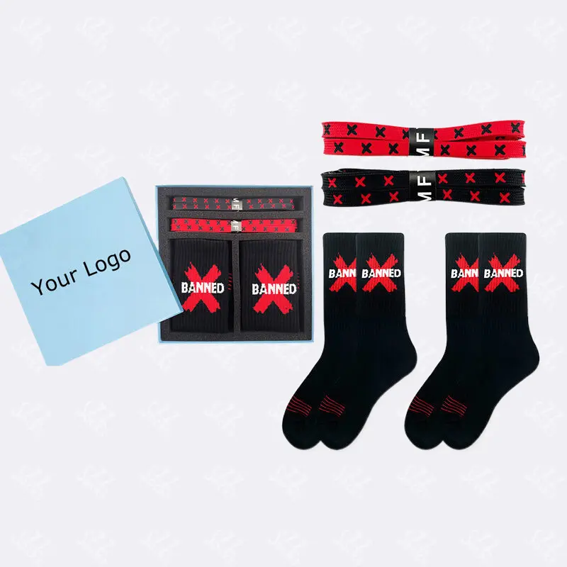 Block Color Boy Custom Logo scatole lettere rosso nero calzini Cross Shoelace Set Street Design calzini regalo lavorati a maglia