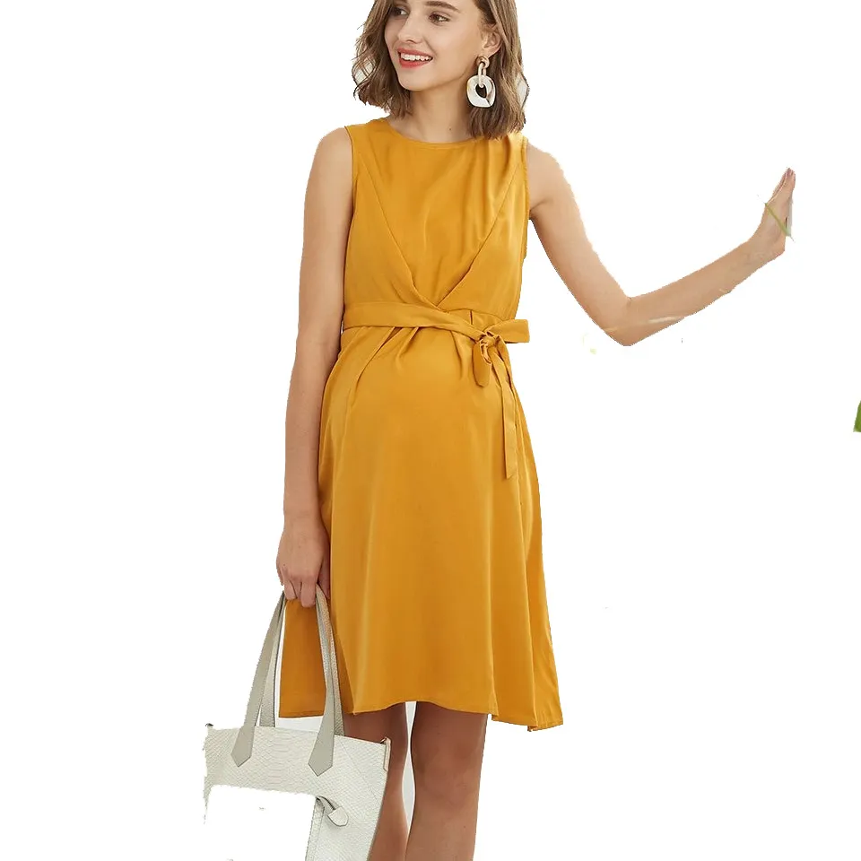 Vestido de maternidad de alta calidad para mujer embarazada, cinturón amarillo, ropa holgada informal elegante