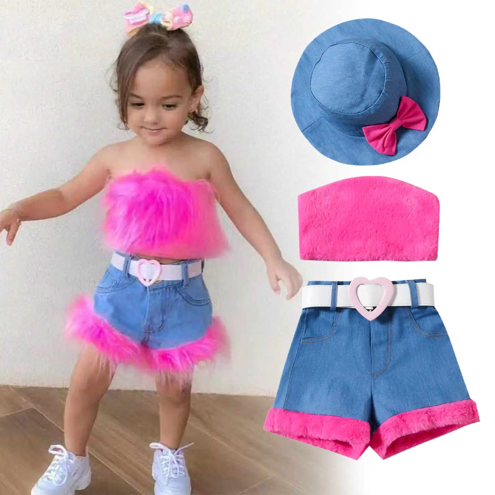Summer Boutique Girls Clothing Sets Tube Top Off-shoulder Vest Top Denim Splicing Plush Shorts Hat 3Pcs Girls Outfits 0-6Years