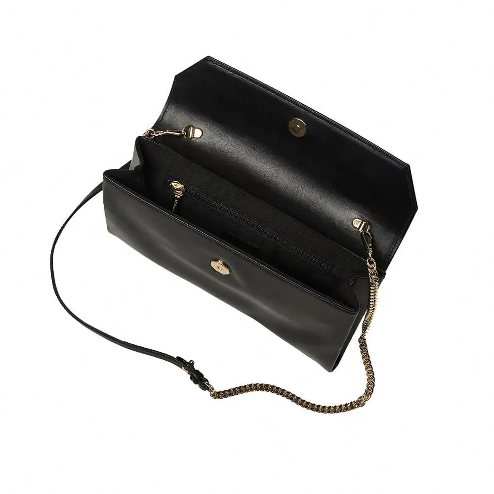 Klassische Mini elegante schwarze Leder Dinner Lady Clutch Abend tasche mit Schulter gurt