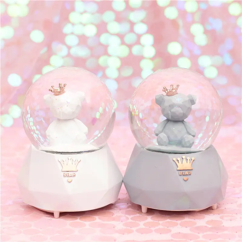Романтическая пара Фламинго Хрустальная корона медведь музыкальная шкатулка автоматический снег с снежинками ночник снежные шары шар