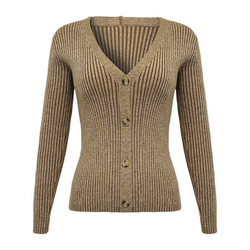 Bekleidung fabrik verkauf slim v-ausschnitt damen strickjacke braun gestrickt damen pullover design hohe qualität strickjacke einfach lässig stil