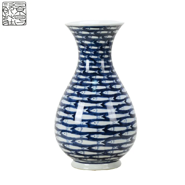 Vaso de flores estilo vintage, vaso de cerâmica azul e branco com estampa estreita de porcelana
