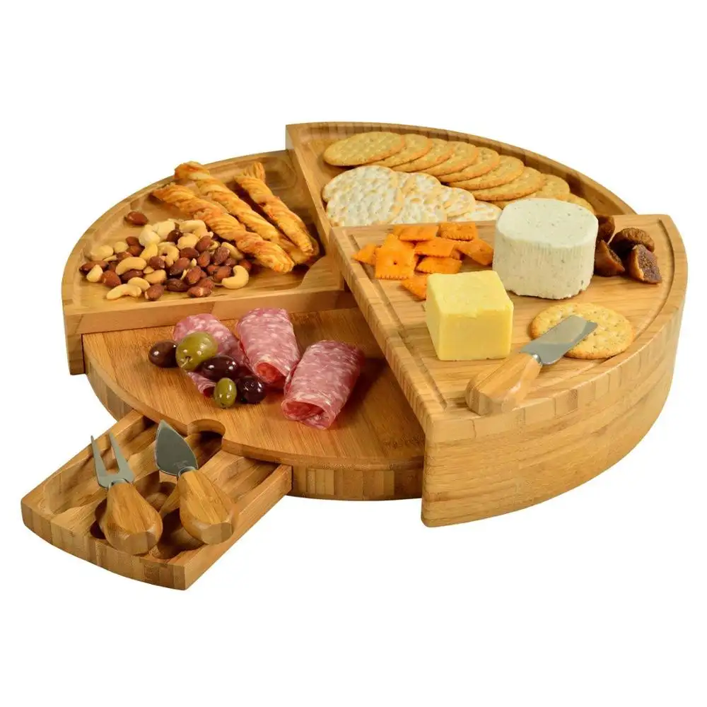 Bamboo Cheese Board & Charcuterie Platter with Two Ramekans for Dips and Hidden Drawer for Cutlery Set