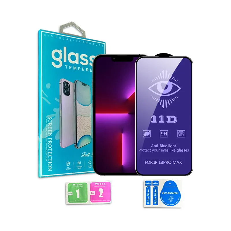 واقي شاشة من الزجاج المقسى الفاخر بأشعة زرقاء المايكا 0.44 مم Big Radian 9H 11D لهواتف iPhone 14 14 pro 13 pro max 12 xr