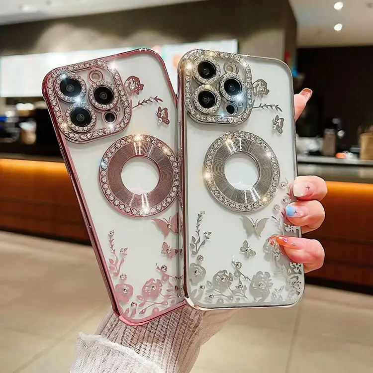 Sang trọng Rhinestone điện thoại trường hợp đối với máy ảnh bảo vệ iPhone 15 14 13 nữ tính đẹp hoa di động điện thoại di động Bìa trường hợp