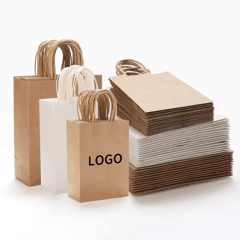 Sacs à provisions en papier kraft avec impression de votre propre logo, emballage à emporter, vente en gros, cadeau d'épicerie, poignée marron