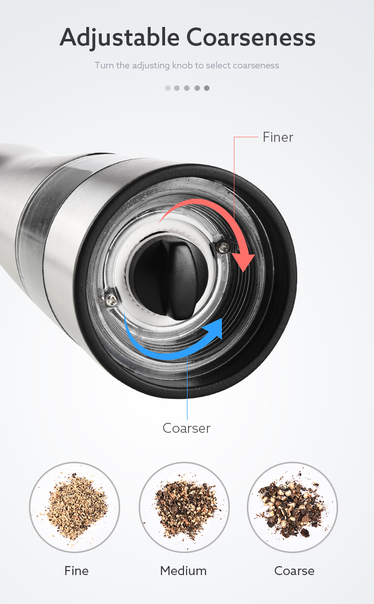 6 AAA batteries operated stainless steel electric pepper grinder salt mill with white LED light and adjuster