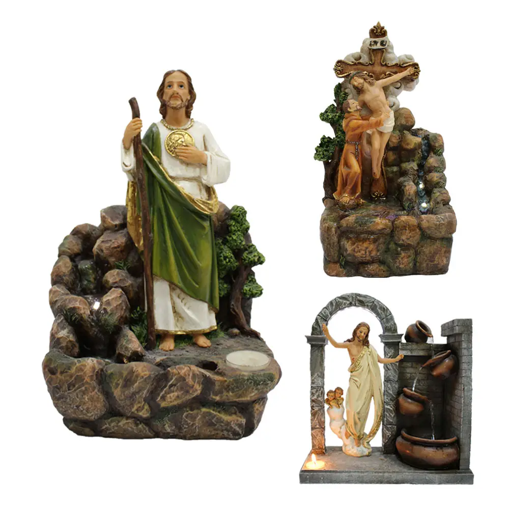 Custom Polyresin Indoor Water Fonteinen Religieuze Hars Jesus Standbeeld Fontein Met Led Licht