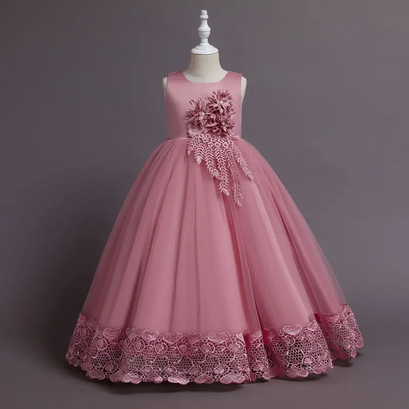 Vestido longo de cetim com aplique, para crianças de 10 anos, vestido de princesa para festa meninas