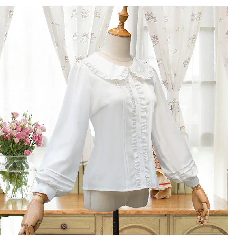 Корейский стиль белый цвет воротник Питер Пэн шифон с длинным рукавом Мода леди Лолита Милая рубашка блузка