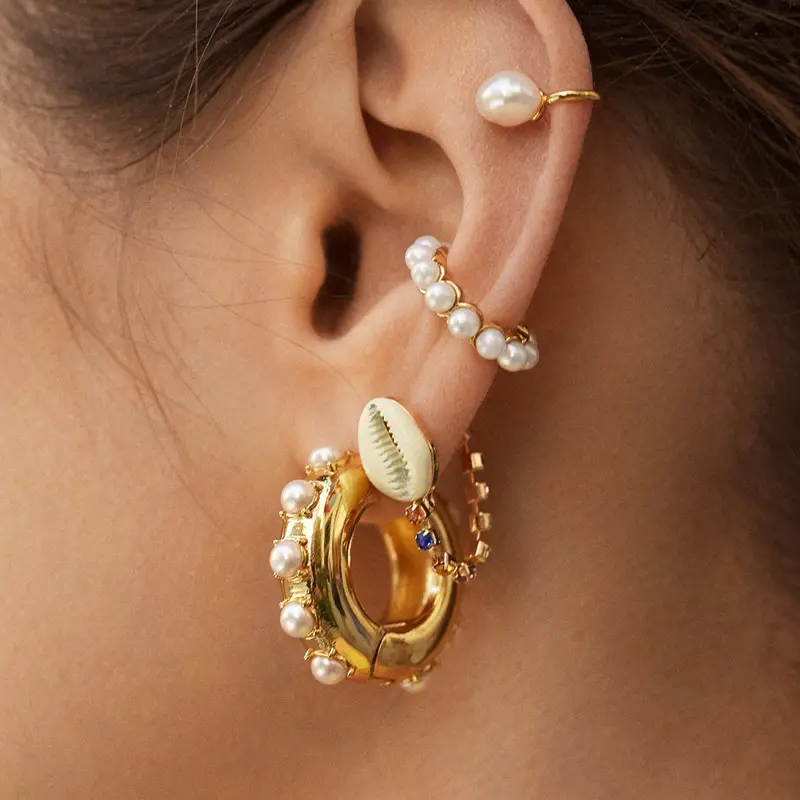 European Female Trendy 18k Gold Plating Rainbow Pearl Clip On Earrings Cubic Zirconia Ear Cuff Set